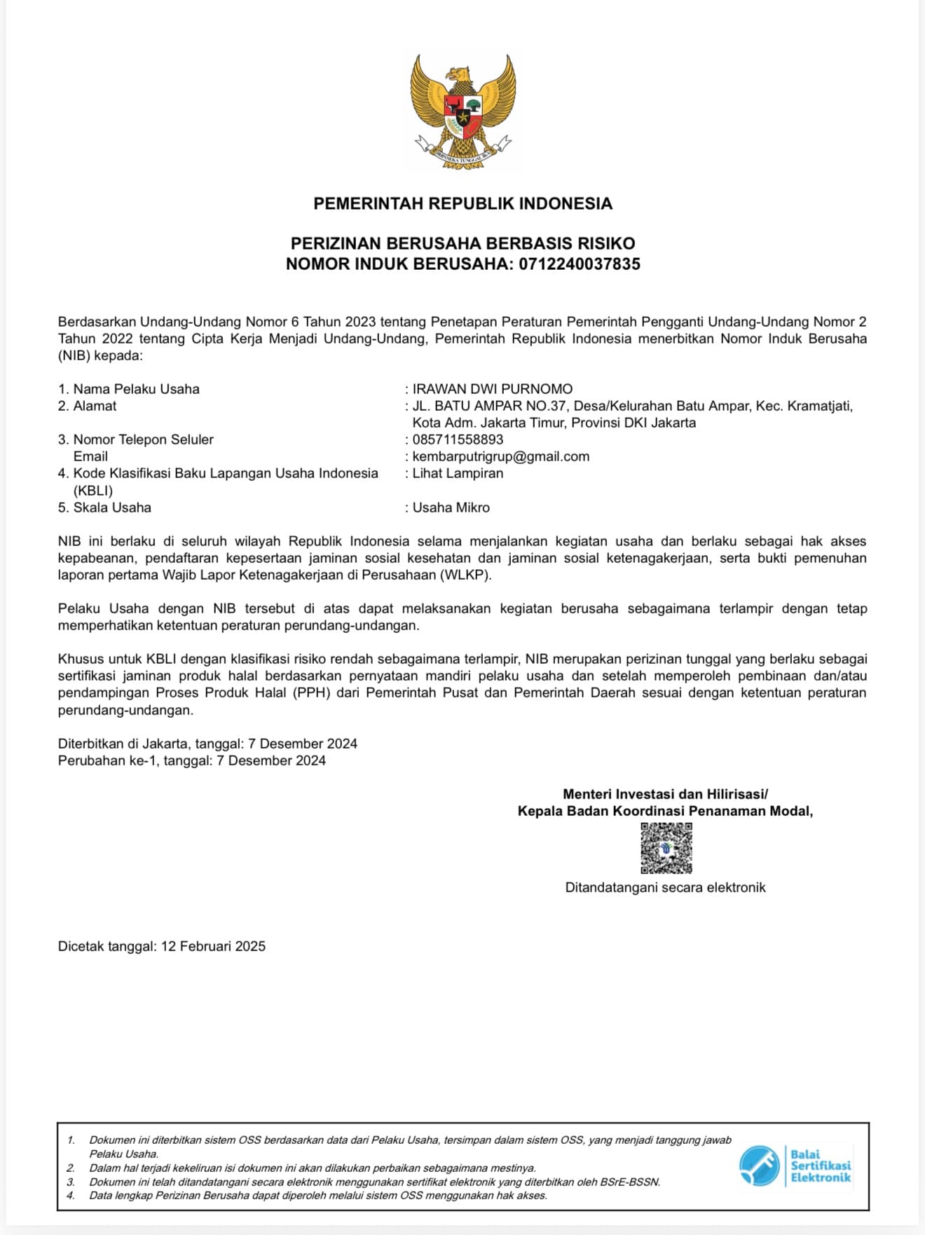 Dokumen Nomor Induk Berusaha